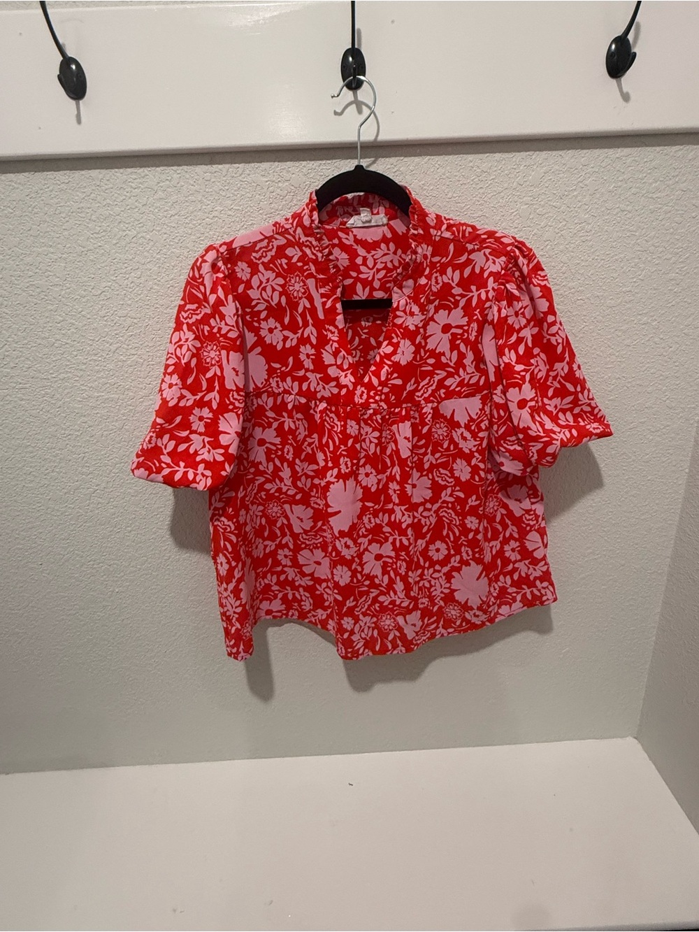 THML Red and Light Pink Floral Ruffle Collar Blouse